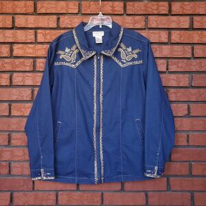 Vintage Victor Costa Blue Denim Shacket Womens 1X Zip Up Embroidered Sequins